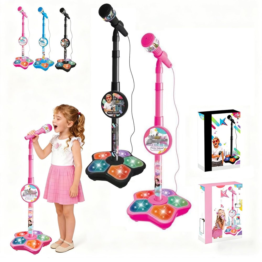 Kids Microphone with Stand - 2026 New Karaoke Machine for Budding Singers, Built-in Music & Echo, 6 Colorful Lights, Adjustable Stand for Girls Boys Birthday Gift (Pink+Black)