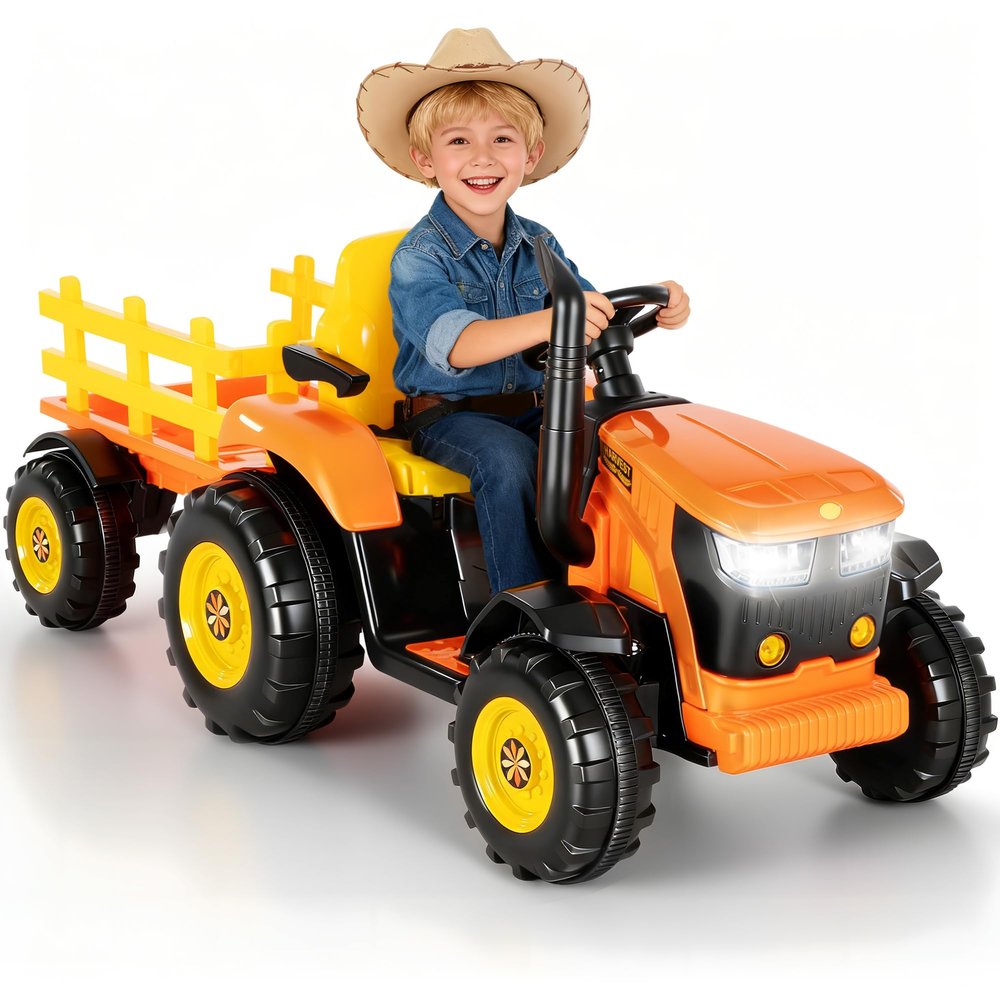 24V Kids Ride On Tractor with Detachable Trailer, Electric Power Wheels Tractor Remote Control for Toddlers Big Kids Ages 3+,Safty 3-Speed,2x80W Motors,Adjustable Armrest,Headlight Music