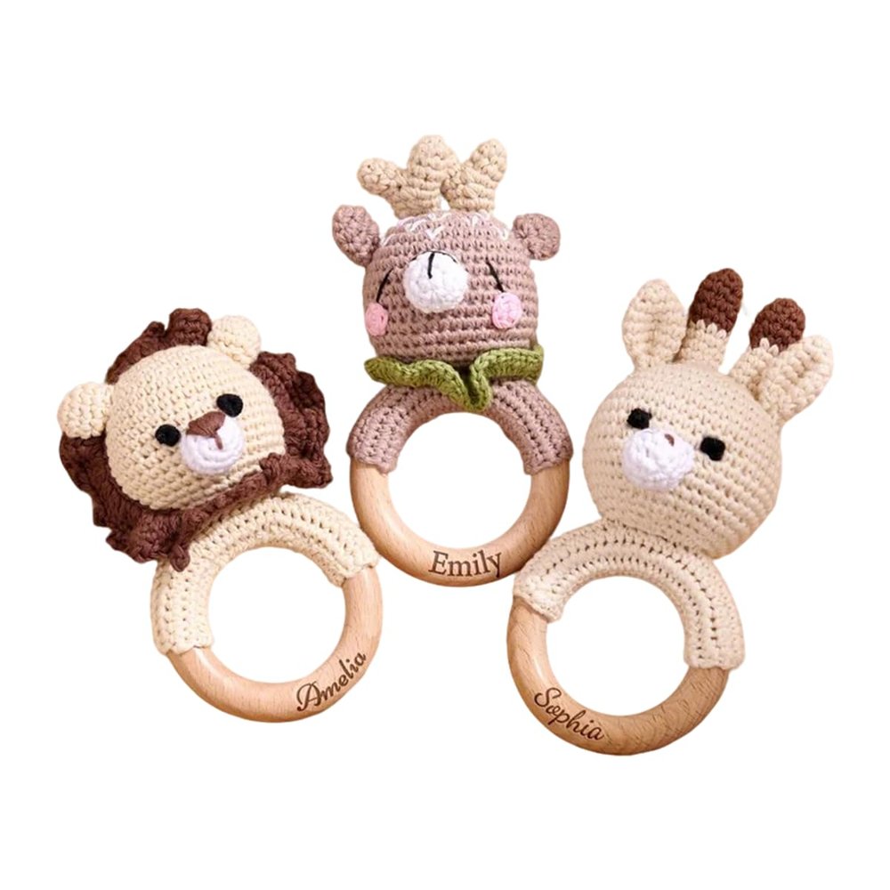 Personalized Crochet Animal Baby Rattle,Custom Engraved Wooden Rattle, Wooden Teething Ring for Baby Boy/Girl,Newborn Gifts