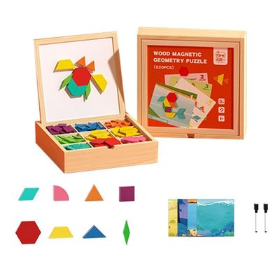 Brain Blocks, Tangram Puzzle Set, Magnetic Geometric Pieces, Double-Sided Board, Wooden Storage Box, 220 Pieces and Challenge Cards, for Creative Learning and Skill Development