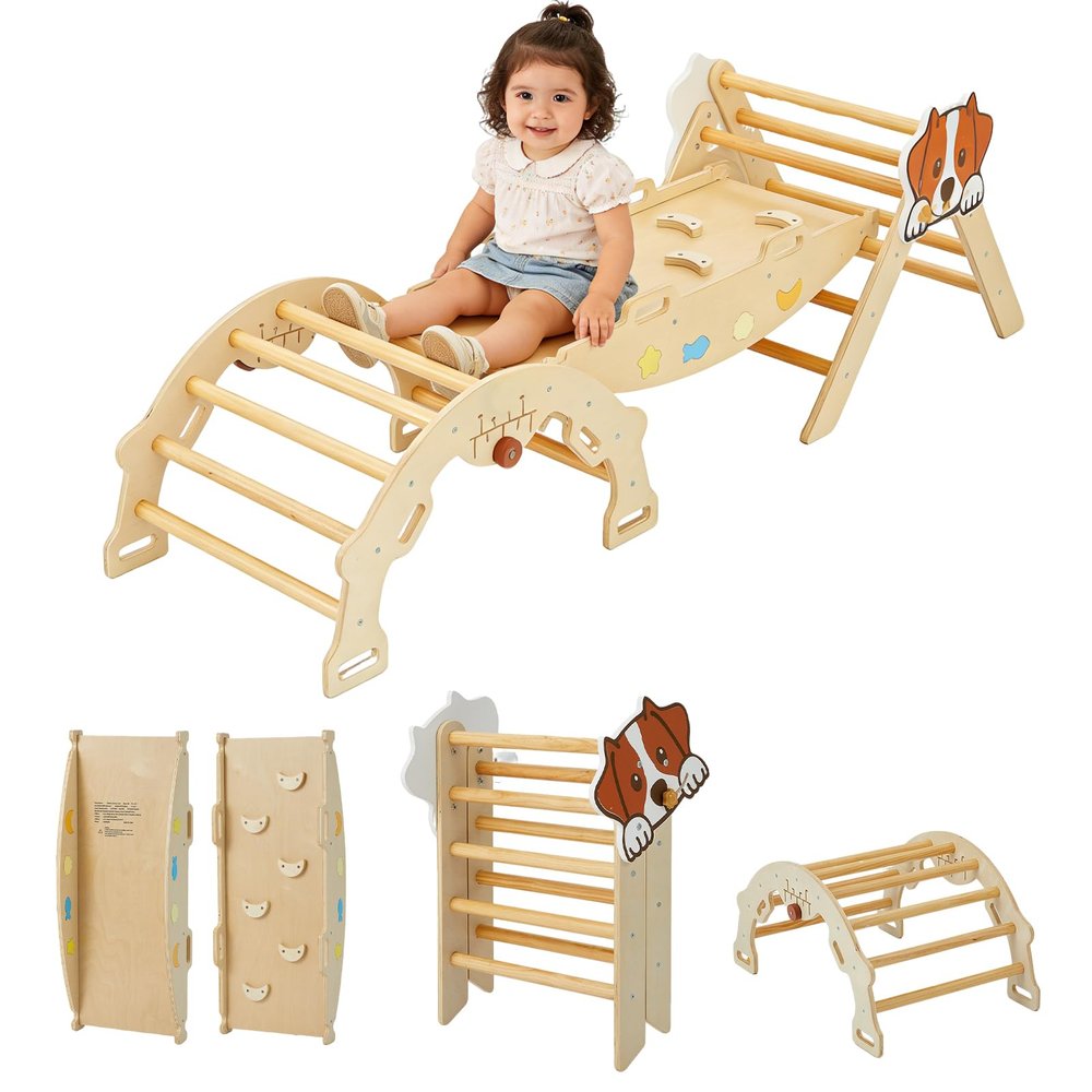 GarveeHome Foldable Pikler Triangle Climbing Set, 7 in 1 Indoor Playground Jungle Gym, Toddler Wooden Indoor Climbing Toy with Arch/Ramp/Ladder, Gift for Boys Girls