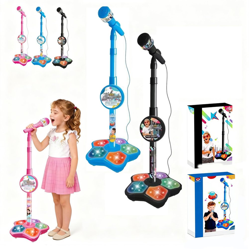 Kids Microphone with Stand - 2026 New Karaoke Machine for Budding Singers, Built-in Music & Echo, 6 Colorful Lights, Adjustable Stand for Girls Boys Birthday Gift (Blue+Black)