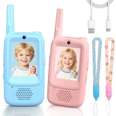 Video Walkie Talkies for Kids, 2 Pack Rechargeable Kids Walkie Talkies with Video Intercom Voice Changer, Indoor Outdoor Toy for Family Games, Camping, Hiking Gift for Boys Girls Ages 3-10 (Blue/Pink)