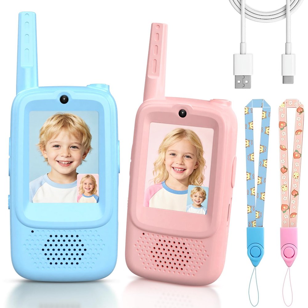 Video Walkie Talkies for Kids, 2 Pack Rechargeable Kids Walkie Talkies with Video Intercom Voice Changer, Indoor Outdoor Toy for Family Games, Camping, Hiking Gift for Boys Girls Ages 3-10 (Blue/Pink)