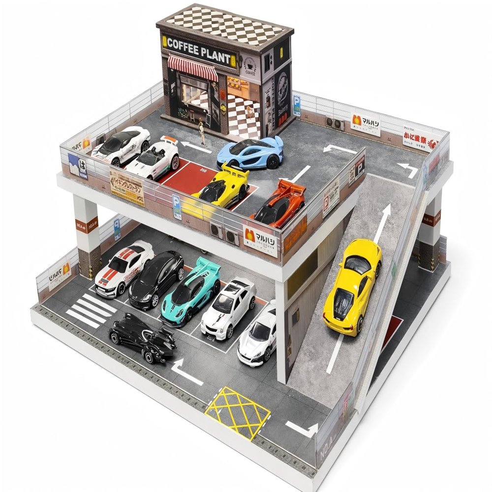 Display Case for Hot Wheels: Toy Car Garage Diorama with LED Lights, Freestanding Two-Level Coffee Shop Parking Garage Scene for 1/64 Diecast Cars, Storage Display Stand Holds Up to 40+ Cars