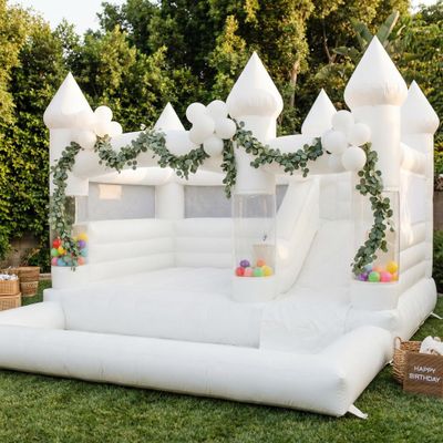 14x14FT White Inflatable Bounce House with Clear Ball Columns  100% PVC Commercial Grade Bounce House for Birthday, Wedding & Events, Durable White Castle - Style Jumper