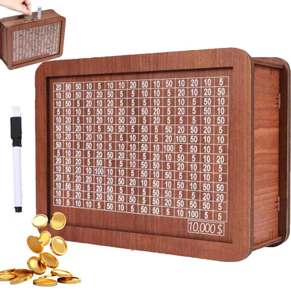 2026 New Cash Vault Wooden Savings Box,10000 Savings Challenge Box,Wooden Cash Vault Money Saving Boxes with Money Target and Numbers (10000)