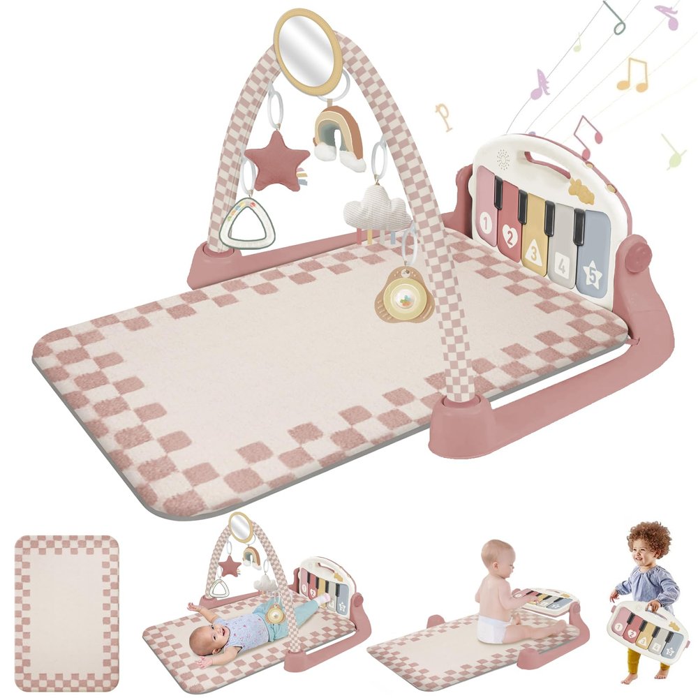 Baby Play Gym with Kick and Play Piano, Baby Activity Gym & Play Mat with 5 Infant Sensory for Tummy Time, Music & Lights Boy or Girl for Newborn 0 to 3 6 9 12 Months, Pink Checkboard