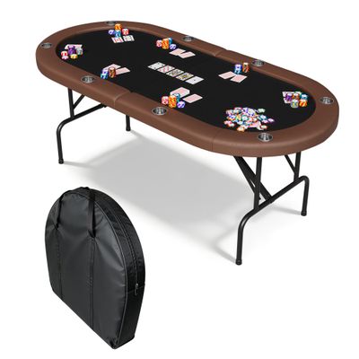Garvee 8 Player Oval Poker Table Foldable, 72" Poker Game Tables with Storage Bag, Collapsible Legs, Padded Rails & Cup Holders, Portable Folding Game Table for Texas Holdem and Blackjack, Brown