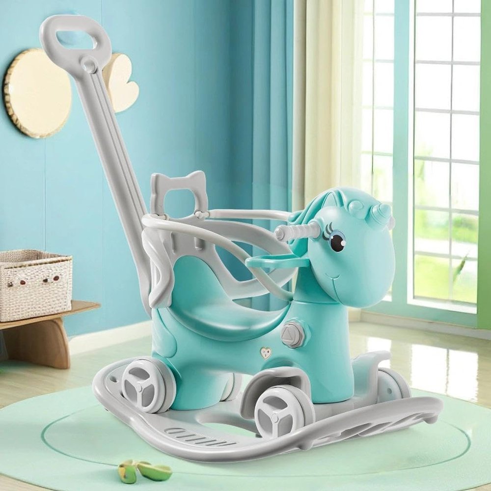 4 in 1 Unicorn Rocking Horse for Girl and Boy, Ride on Horse for Ages 1-3 Years Old,Toddler Bike with Push Handle, Backrest and Detachable Balance Board, Birthday Gift Balance Bikes (Blue)