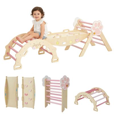 GarveeHome Foldable Pikler Triangle Climbing Set, 7 in 1 Indoor Playground Jungle Gym, Toddler Wooden Indoor Climbing Toy with Arch/Ramp/Ladder, Gift for Boys Girls