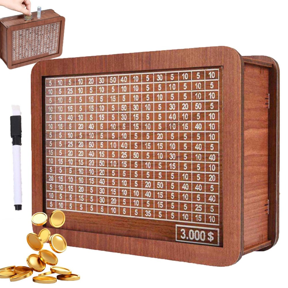 2026 New Cash Vault Wooden Savings Box,10000 Savings Challenge Box,Wooden Cash Vault Money Saving Boxes with Money Target and Numbers (3000)