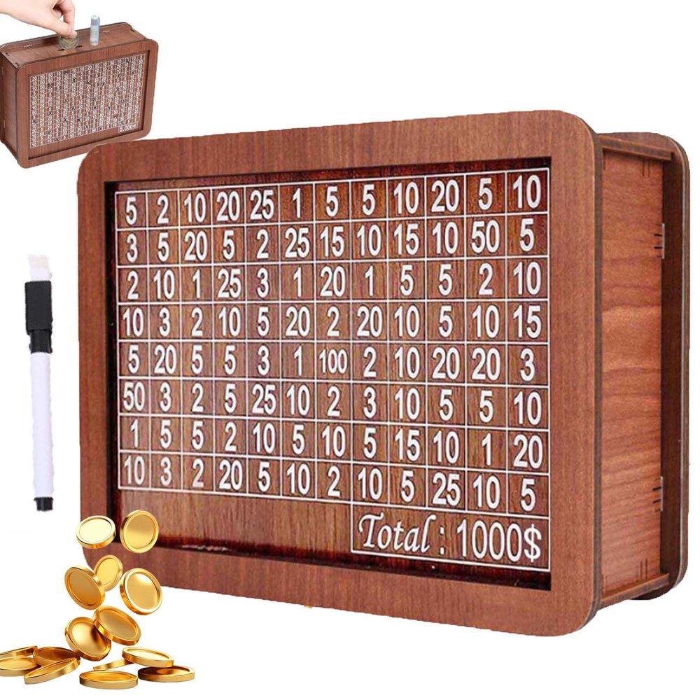 2026 New Cash Vault Wooden Savings Box,10000 Savings Challenge Box,Wooden Cash Vault Money Saving Boxes with Money Target and Numbers (1000)