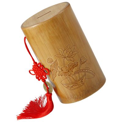 Abaodam Large Natural Coin Bank Money Jar with Flat Lid and Chinese Knot, Wooden Piggy Bank Decor for Adults, Desktop Saving Pot for Cash Storage and Money Saving