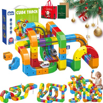 Electric Train Set, Magnetic Train Set with Race Tracks, Anti-Gravity 3D Infinity Track with Motorized Train and Traffic Signs, DIY Modular Clip-Fit Cube Track, Build Uphill, Loop 360 (123pcs)