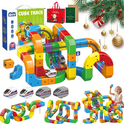 Electric Train Set, Magnetic Train Set with Race Tracks, Anti-Gravity 3D Infinity Track with Motorized Train and Traffic Signs, DIY Modular Clip-Fit Cube Track, Build Uphill, Loop 360 (123pcs+4Cars)