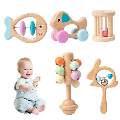 5PCS/Set Wooden Baby Rattle 5 Funny Styles Baby Rattle Early Educational Natural Wooden Easy to Clean Toys for Infant Newborn