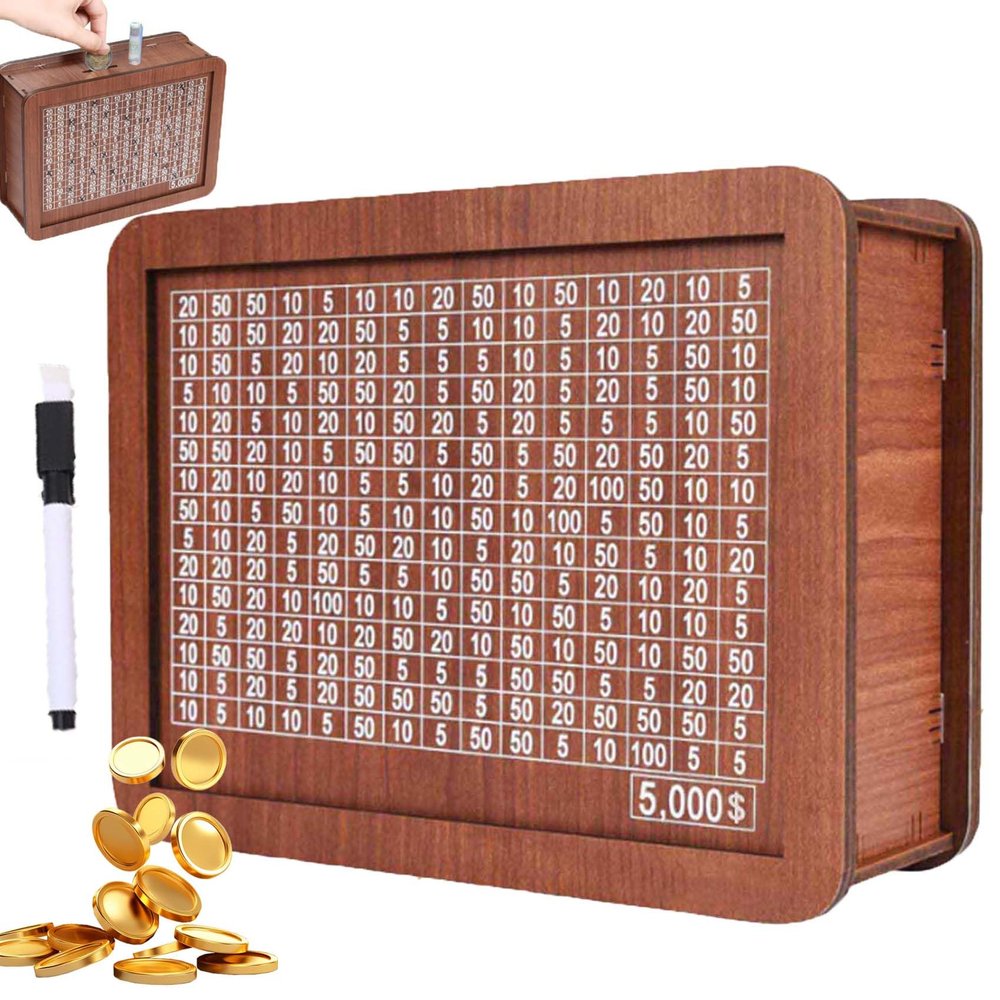 2026 New Cash Vault Wooden Savings Box,10000 Savings Challenge Box,Wooden Cash Vault Money Saving Boxes with Money Target and Numbers (5000)
