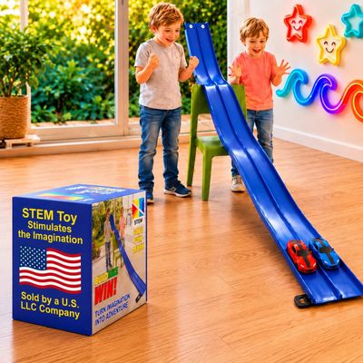 Flexible Race Track for Kids Friendly Racing Competition, Double-Sided 1 & 2 Lane Track, Roll-Up Design with Anchors, Build, Race & Win Fun, (No Cars Included) - Blue Track