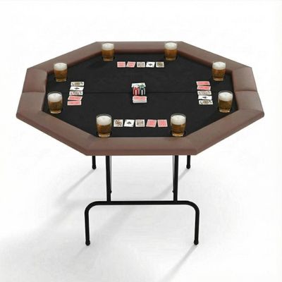 Hoguyexila 8 Players Poker Table Foldable, Octagonal Texas Hold'em Table w/Plastic Cup Holder, Folding Casino Leisure Poker Game Table for Card Game and Casino Gambling, Brown