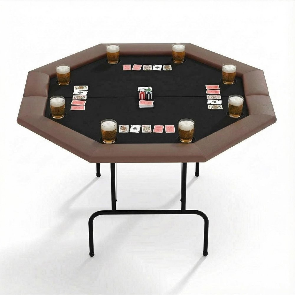 Hoguyexila 8 Players Poker Table Foldable, Octagonal Texas Hold'em Table w/Plastic Cup Holder, Folding Casino Leisure Poker Game Table for Card Game and Casino Gambling, Brown