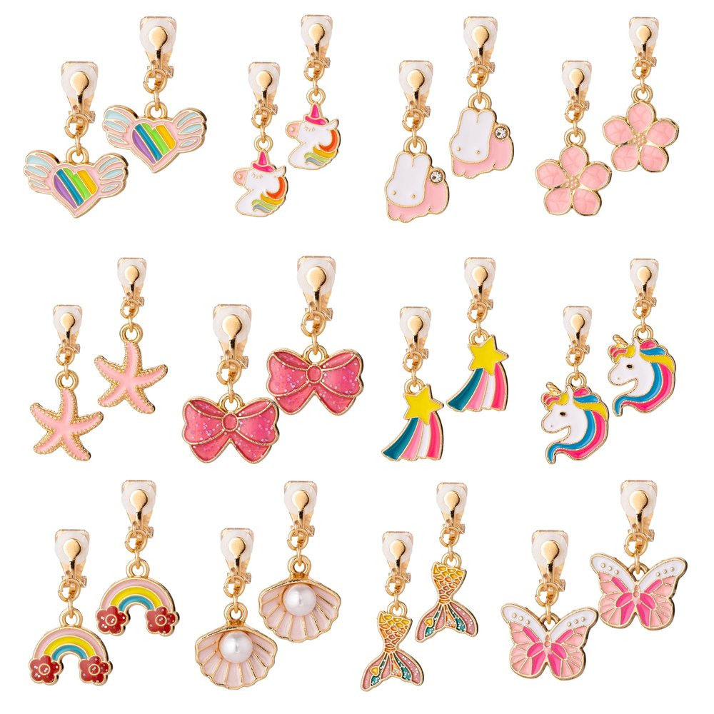 PASEMM 12 Pairs Kids Clip-on Earrings - Cute Unicorn Designs, Non-Pierced Dress Up Alloy Jewelry for 4-12 Year Old Girls Birthday Christmas Valentine's Day Holiday Gifts,Party favors Kids Toys