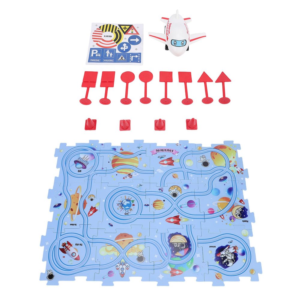 MAVIS LAVEN Space Puzzle Race Track Set, Interactive Kids Puzzle Educational Toy for Toddlers with Airplane Model and Red Track Accessories to Enhance Cognition and Imagination