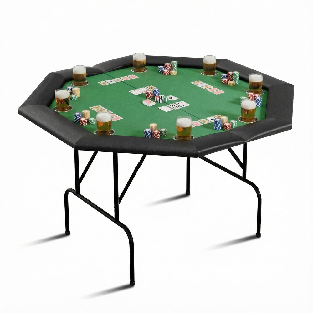 Hoguyexila 8 Players Poker Table Foldable, Octagonal Texas Hold'em Table w/Stainless Steel Cup Holder, Folding Casino Leisure Poker Game Table for Card Game and Casino Gambling, Green