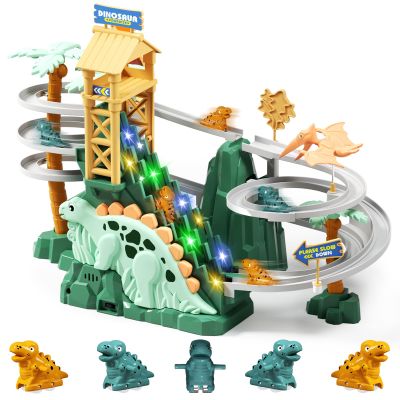 YOULEBITOYS Dinosaur Climbing Stairs Toy - Electric Dino Roller Coaster Toy Track with LED Lights & Music, Automatic Chasing Race Game Playset, Birthday Dinosaur Gifts for Kids Boys Girls Ages 3+