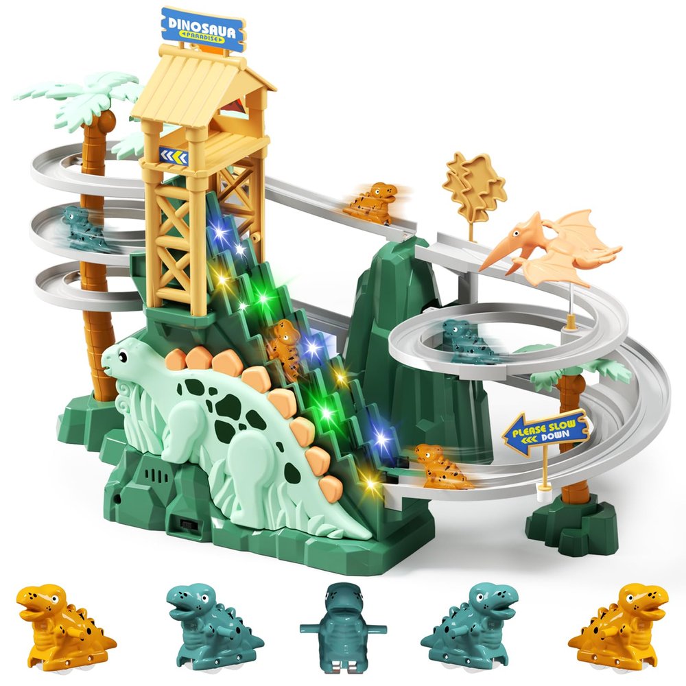 YOULEBITOYS Dinosaur Climbing Stairs Toy - Electric Dino Roller Coaster Toy Track with LED Lights & Music, Automatic Chasing Race Game Playset, Birthday Dinosaur Gifts for Kids Boys Girls Ages 3+