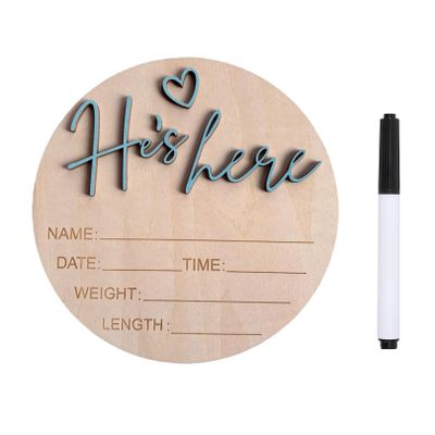 Baby Announcement Sign, 5.9 Inch Wooden Hello World Newborn Signs, Birth Announcement Sign, Gender Reveal Signs, He's here Decoration, Welcome Newborn Arrival To World (He's,Blue-B)