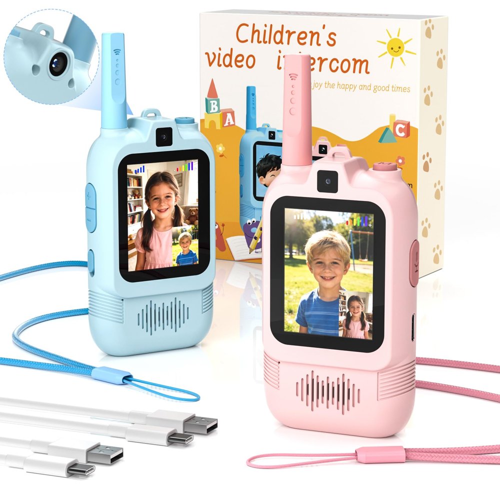 ALAFLY 2 Pack Kids Video Walkie Talkies with Dual Cameras, Rechargeable Walkie-Talkie with Sticker Effect Photo/Voice Chat/Emoji Messaging, Gift for 3-12 Boys Girls to Family Fun Interaction