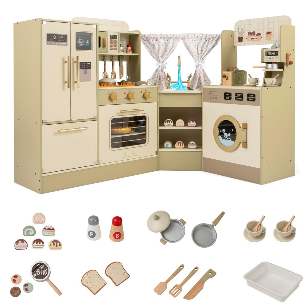 Costzon Kids Corner Play Kitchen, Pretend Play Kitchen Playset w/Stoves, Coffee Machine, Refrigerator, Microwave, Toaster & Accessories, Wooden Toy Kitchen Set for Boys Girls 3+