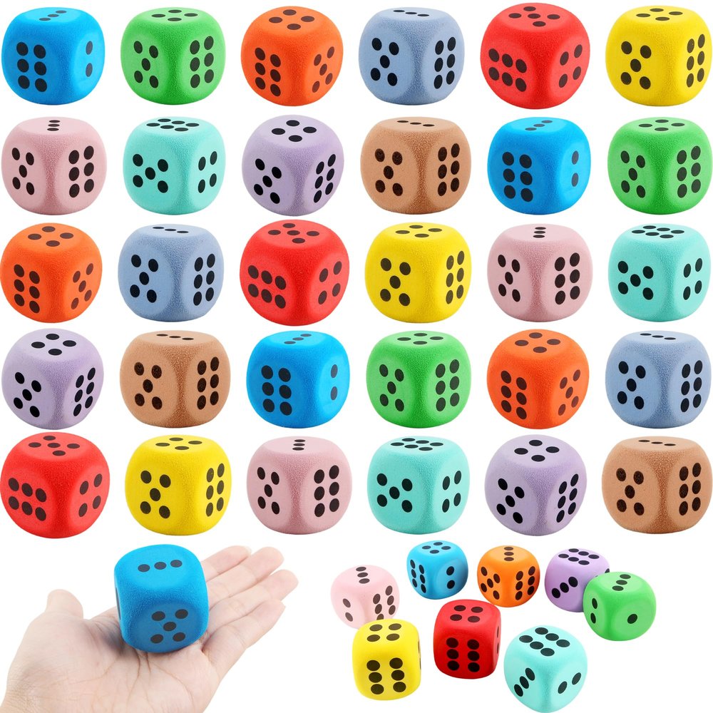Cotiny 32 Pack EVA Foam Dice 1.5 Inch Soft Rounded Dice Large Educational Dice for Classroom Math Games Teaching Supplies Board Games, 8 Colors