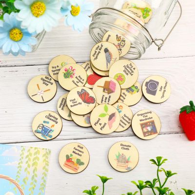 JULEASEL Wooden Spring Bucket List Tokens 24 Spring Activity Coins + 6 DIY Blank Tokens,Family Spring Activities Challenge,Outdoor &Indoor Spring Ideas,Spring Break &Easter Gift for Families