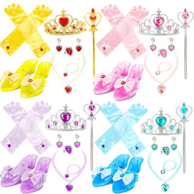 32 Pcs Princess Dress Up Set for Girls Includ 4 Pairs Heels Shoes and 28 Princess Accessories with Crown, Magic Wand, Gloves, Jewelry for Toddler Pretend Play Birthday