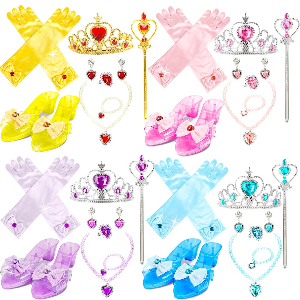 32 Pcs Princess Dress Up Set for Girls Includ 4 Pairs Heels Shoes and 28 Princess Accessories with Crown, Magic Wand, Gloves, Jewelry for Toddler Pretend Play Birthday