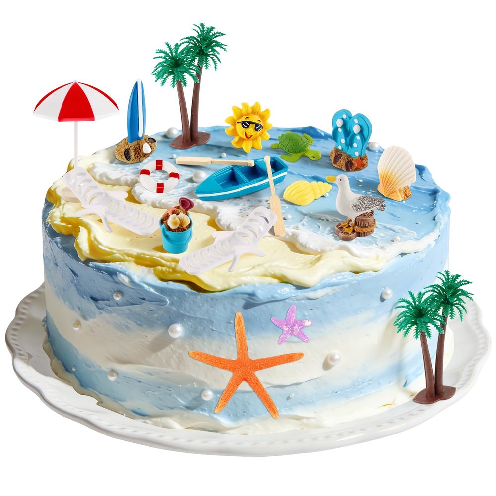 19 Pack Beach Cake Decorations Set with Chair, Umbrella, Palm Tree, Boat, Summer Ocean Cake Toppers for Tropical Hawaiian Aloha Luau Theme Birthday Party Decor Supplies