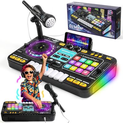 DJ Mixer for Kids,Toddler DJ Mixing,TableLight & Speed Control and MicrophonePiano Keys,Birthday Gift Toys for 3 4 5 6 7 8Year Old Boy Girl