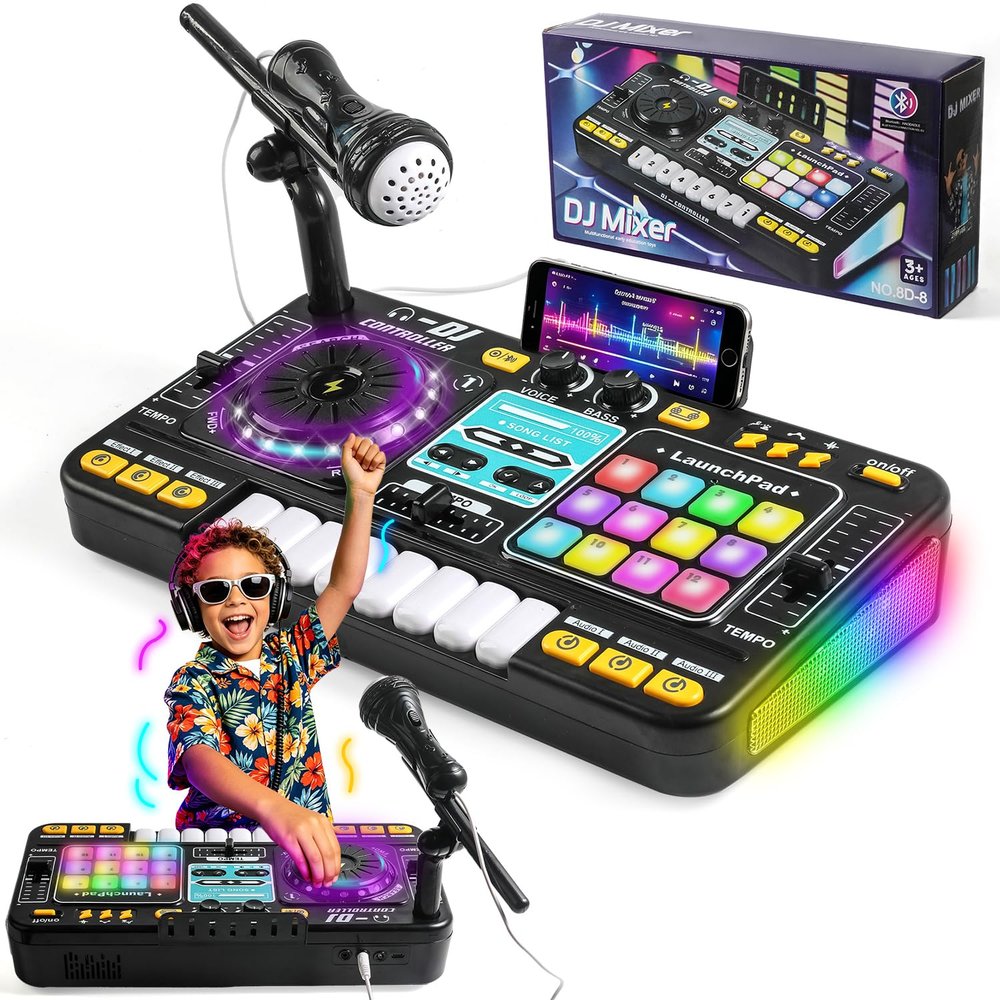 DJ Mixer for Kids,Toddler DJ Mixing,TableLight & Speed Control and MicrophonePiano Keys,Birthday Gift Toys for 3 4 5 6 7 8Year Old Boy Girl