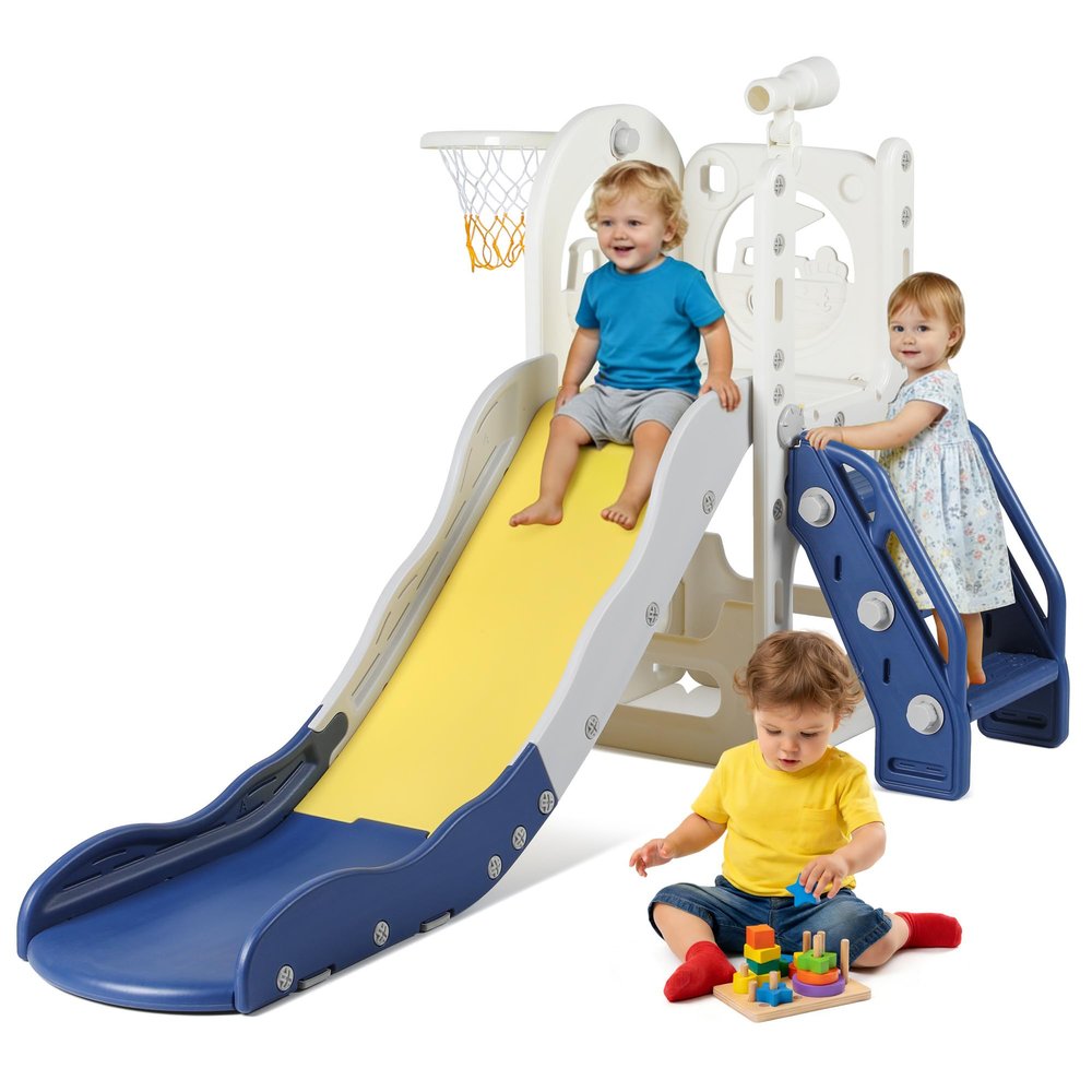 6 in 1 Toddler Playset Toddler Slide and Climber Playset, L-Shaped Kids Slide with Basketball Hoop, Telescope & Storage, Sturdy Indoor Outdoor Playground, for Boys Girls 1-3+