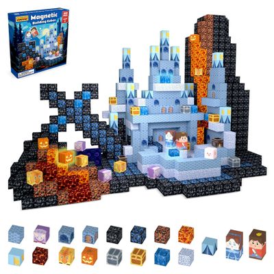 MILENTII 200 PCS Light Up Magnetic Building Blocks for Kids, Blue Castle Building Blocks, STEM Stacking Toys, Magnetic Cubes, Creative Construction Magnet Blocks, Educational Toy Ages 3+
