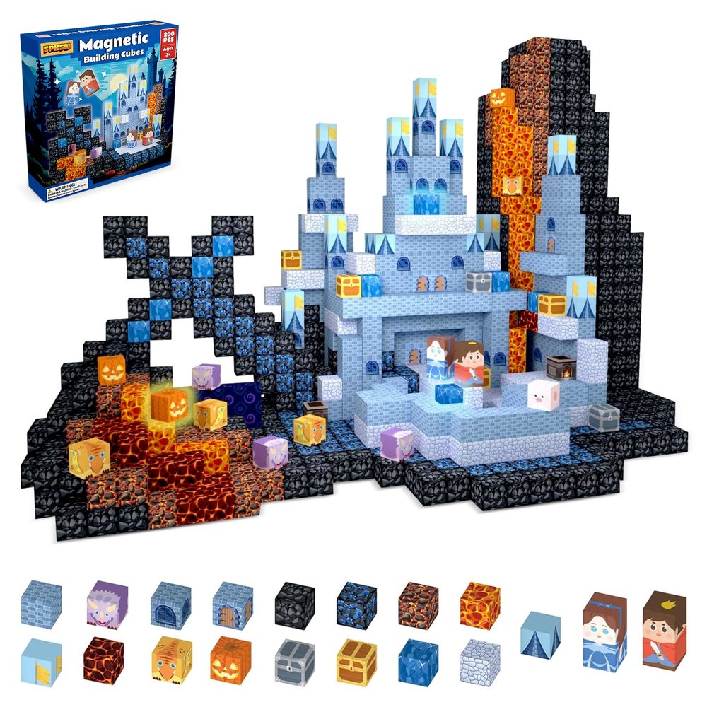 MILENTII 200 PCS Light Up Magnetic Building Blocks for Kids, Blue Castle Building Blocks, STEM Stacking Toys, Magnetic Cubes, Creative Construction Magnet Blocks, Educational Toy Ages 3+