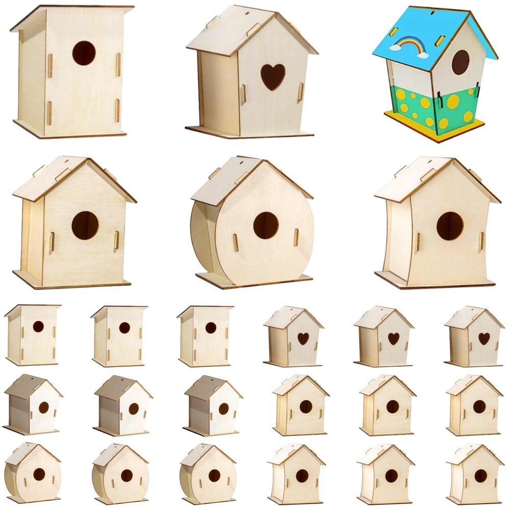 24 Pcs Bird House Kits, Wooden DIY Painting for Kids, Pre-Cut Shapes, Craft Project, Art Activity for Parties & Classrooms