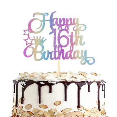 16th Birthday Cake Topper Rainbow Glitter Sweet 16 Cake Decoration with Crown and Stars Colorful Party Dessert Decor for Girls Sixteenth Celebration