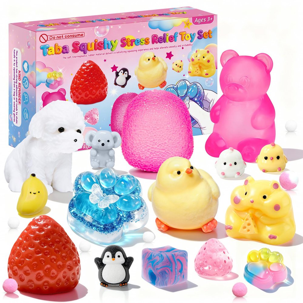 15Pcs Taba Squishies Kit, Squishies Fidget Toys, Including Strawberry, Cat Paw, Hamster Toy, Stress Relief Toys Party Favors for Kids 4-8 8-12, Sensory Toys Birthday Easter Gifts