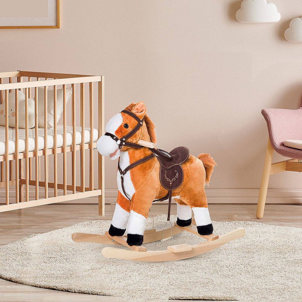 Classic Wooden Rocking Horse Toy with Plush Body and Realistic Sound Effects for Indoor Play and Decorative Display