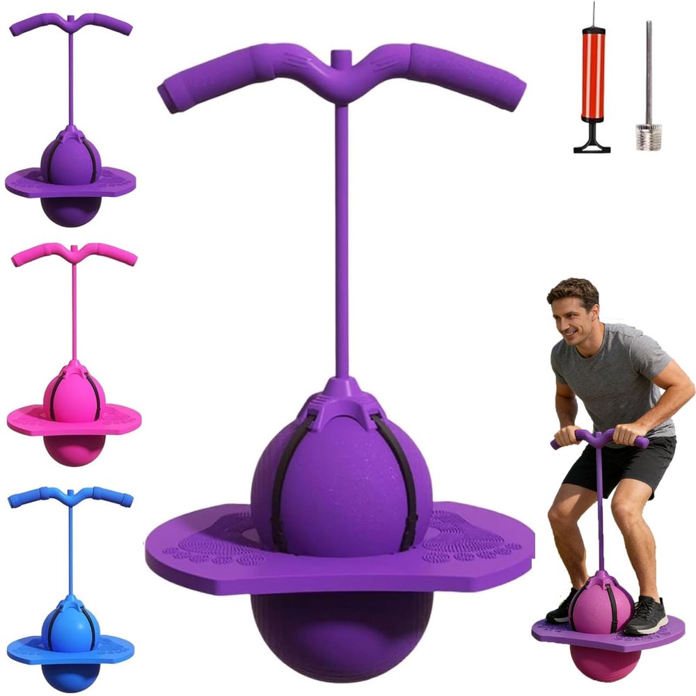 Balance Jumping Ball - Pogo Ball with Handle, Jumping Bouncing Balls, Indoor & Outdoor Fitness Balls for Kids & Adults, Non-Slip Footpads, Improves Balance, Coordination & Active Fun (Purple)