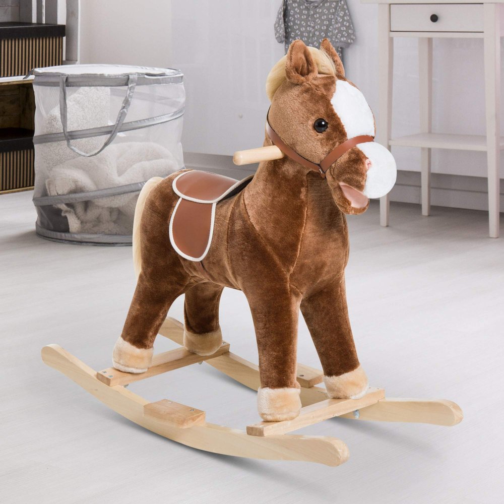 Classic Wooden Rocking Horse Toy for Indoor Play Sturdy Solid Wood Base with Smooth Rocking Motion and Soft Plush Design