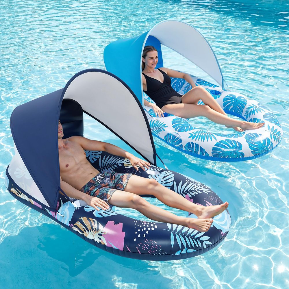 2 Packs Inflatable Pool Floats with UPF50+ Canopy Adjustable, Large Pool Beach Floating Raft Lounge with 2 Cup Holders, Swimming Inflatable Pool Floats for Beach, Lake, Party - Dark Blue&Blue